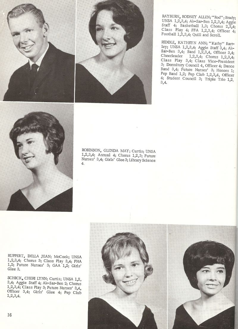 1965 Rodney Rayburn, Rod Rayburn, Kathryn Riddle, Kathy Riddle, Glenda Robinson, Della Ruppert, Cheri Schick,