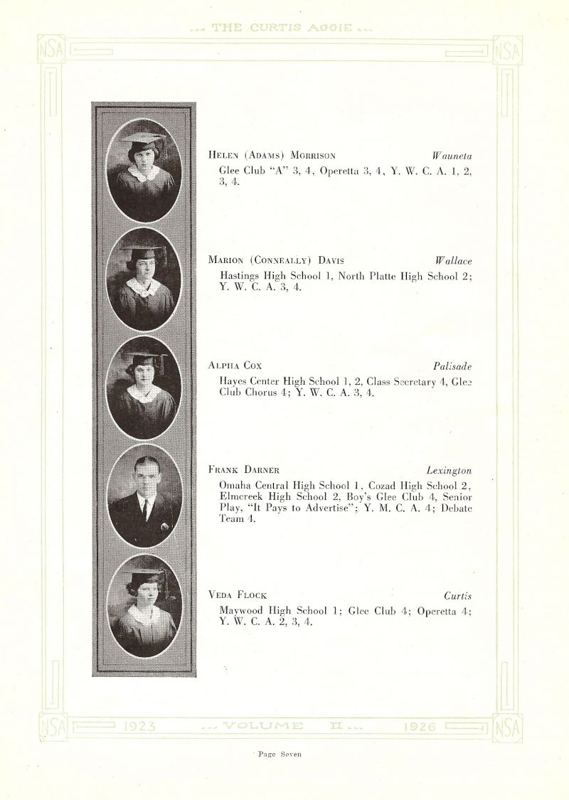 1924 Helen Morrison, Helen Adams, Marion Davis, Marion Conneally, Alpha Cox, Frank Darner, Veda Flock, 