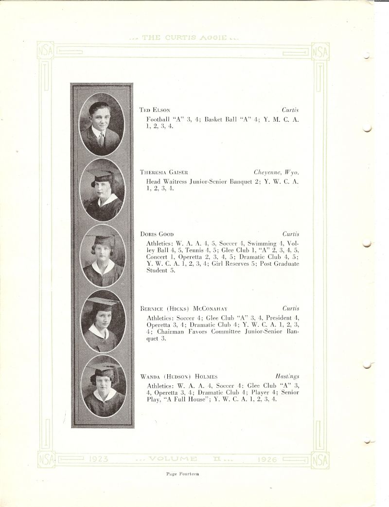 1925 Ted Elson, Theresia Gaiser, Doris Good, Bernice McConahay, Bernice Hicks, Wanda Holmes, Wanda Hudson,