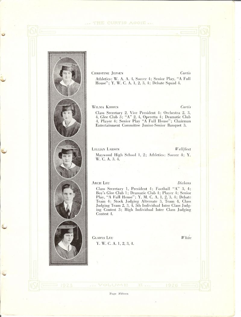 1925 Christine Jepsen, Wilma Kibben, Lillian Larson, Arch Leu, Gladys Leu, 