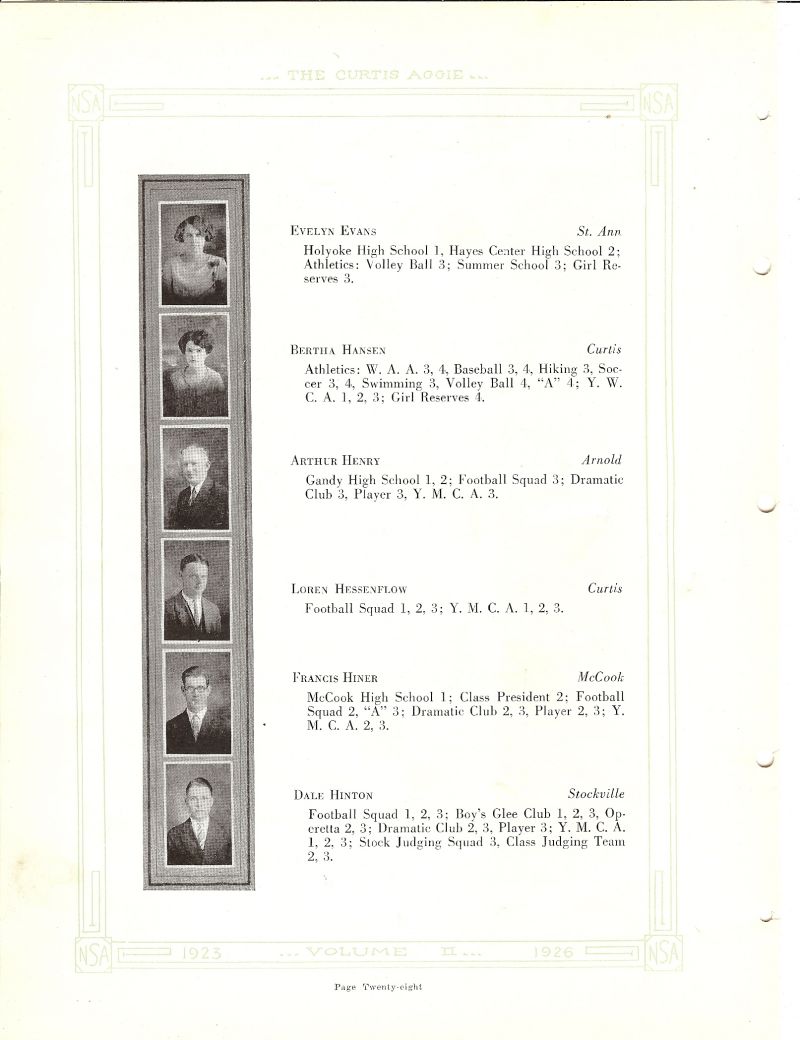 1927 Evelyn Evans, Bertha Hansen, Arthur Henry, Loren Hessenflow, Francis Hiner, Dale Hinton,