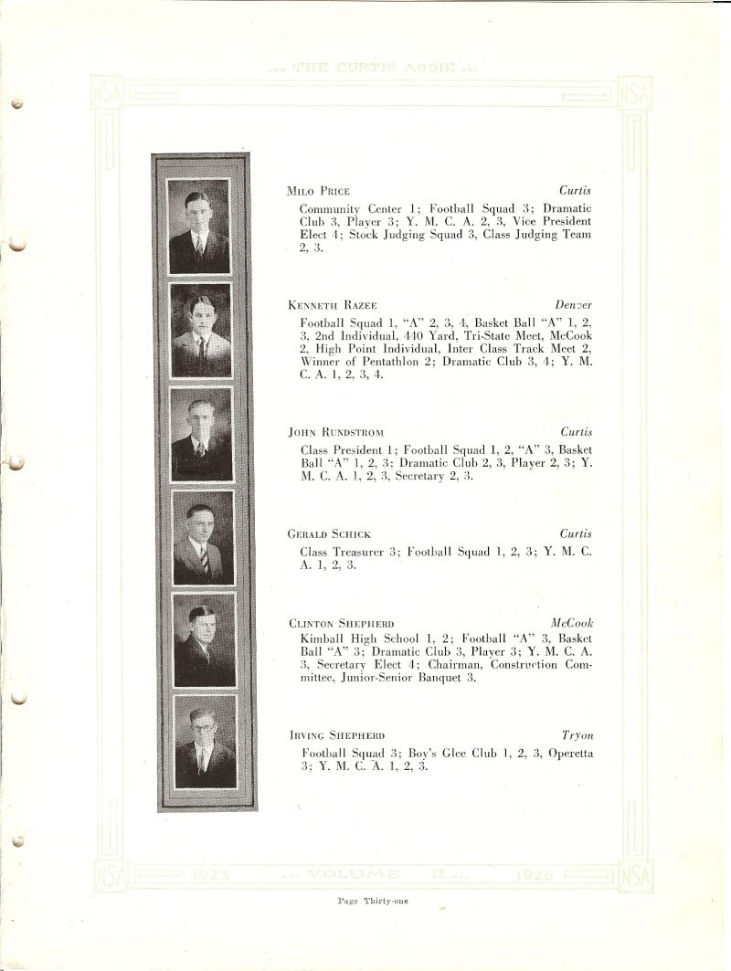 1927 Milo Price, Kenneth Razee, John Rundstrom, Gerald Schick, Clinton Shepherd, Irving Shepherd,  