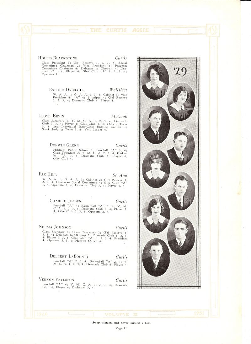 1929 Hollis Blackstone, Esther Dybdahl, Lloyd Ervin, Dorwin Glenn, Fae Hill, Charlie Jensen, Norma Johnson, Delbert LaBounty, Vernon Peterson,