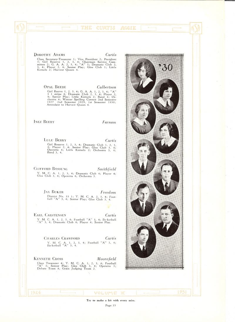 1930 Dorothy Adams, Opal Beebe, Inez Berry, Lulu Berry, Clifford Bossung, Jay Buker, Earl Carstensen, Charles Crawford, Kenneth Cross,