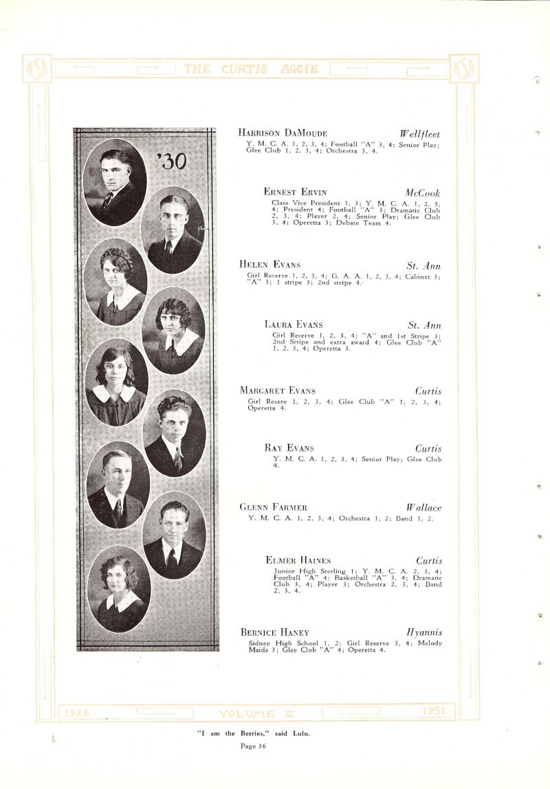 1930 Harrison DaMoude, Ernest Ervin, Helen Evans, Laura Eavns, Margaret Evans, Ray Evans, Glenn Farmer, Elmer Haines, Bernice Haney,