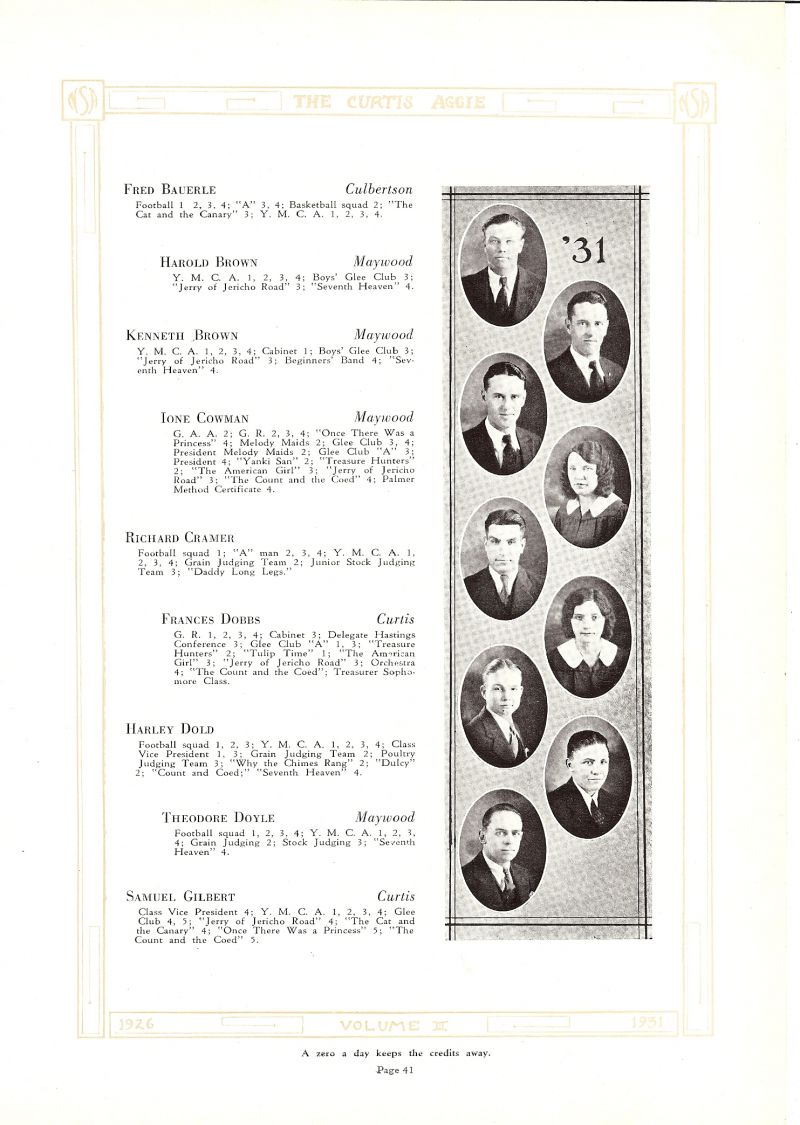 1931 Fred Bauerle, Harold Brown, Kenneth Brown, Ione Cowman, Richard Cramer, Frances Dobbs, Harley Dold, Theodore Doyle, Samuel Gilbert,