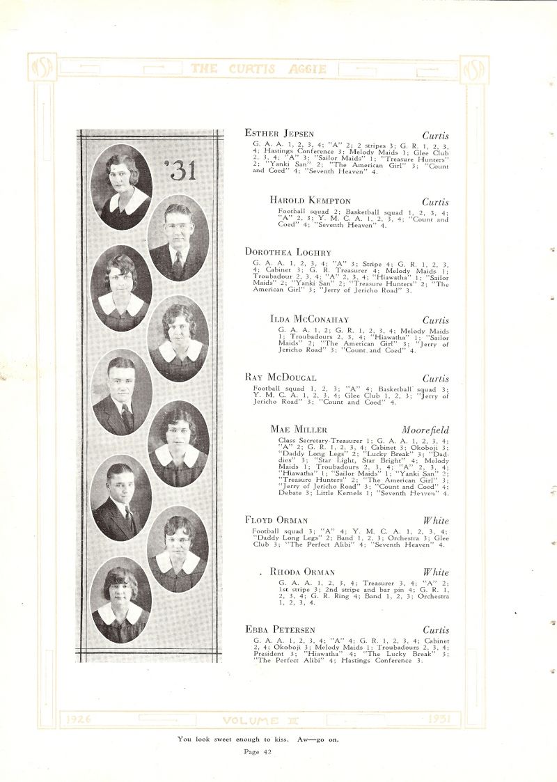 1931 Esther Jepsen, Harold Kempton, Dorothea Loghry, Ilda McConahay, Ray McDougal, Mae Miller, Floyd Orman, Rhoda Orman, Ebba Petersen,