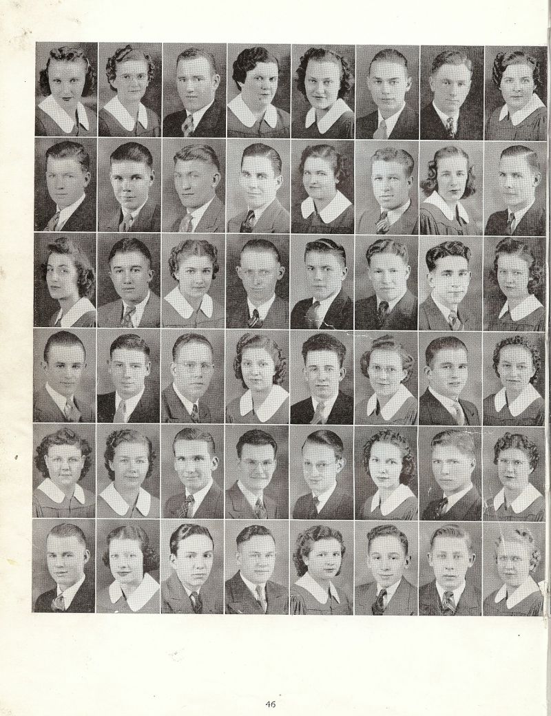 1939 Top Row: Pearle Allen, June Amstuz, Chester Andrew, Helen Armstrong, Hildegarde Baker, Rossford Beeken, Wilton Berryman, Theda Bollish, 2nd Row: James Conroy, Francis Coyle, Jay Davis, Samuel Delatour, Marcie Dempcy, Wilber Dempcy, Inez Dikeman, Milton Douthit, 3rd Row: Virginia Ellsworth, Thomas Elson, Wilma Elson, Arthur Enfield, Erik Ericksen, Marvin Fisher, Lyle Floro, Nelda Frey, 4th Row: Gail Hammond, William Haynes, Russell Heater, Ruth Hinton, Marion Hosick, Reba Howard, Lawrence Hoyt, Joyus Jensen, 5th Row: Florence Kennedy, Dorothy Klooz, Raymond Kramer, Delmar Leishman, Dale Little, Leona Loghry, Elver Lord, Mildred Loux, 6th Row: Dale Magnuson, Wanda Maret, Alan Melton, Kenneth Messersmith, Leah Messersmith, Valarian Miller, Arthur Nielsen, Edna Nelsen,