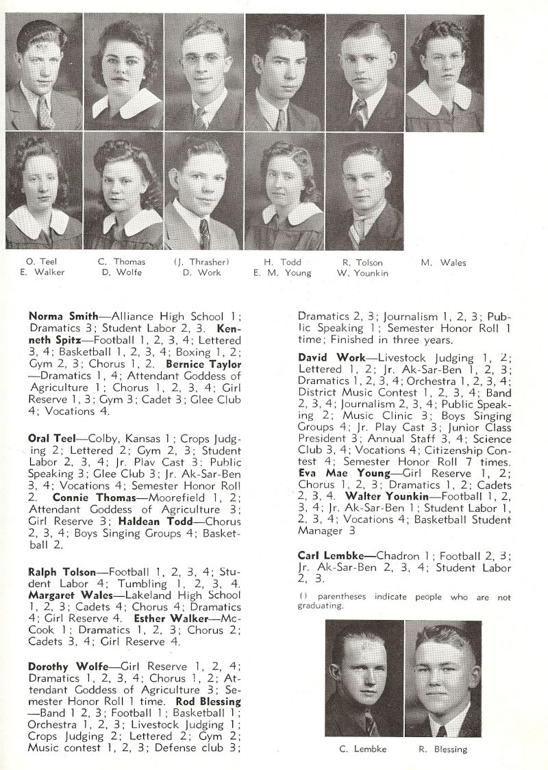 1942 Norma Smith, Kenneth Spitz, Bunny Taylor, Oral Teel, Connie Thomas, J. Thrasher, Haldean Todd, Ralph Tolson, Margaret Wales, Esther Walker, Dorothy Wolfe, Rod Blessing, David Work, EvaMae Young, Walter Younkin, Carl Lembke,