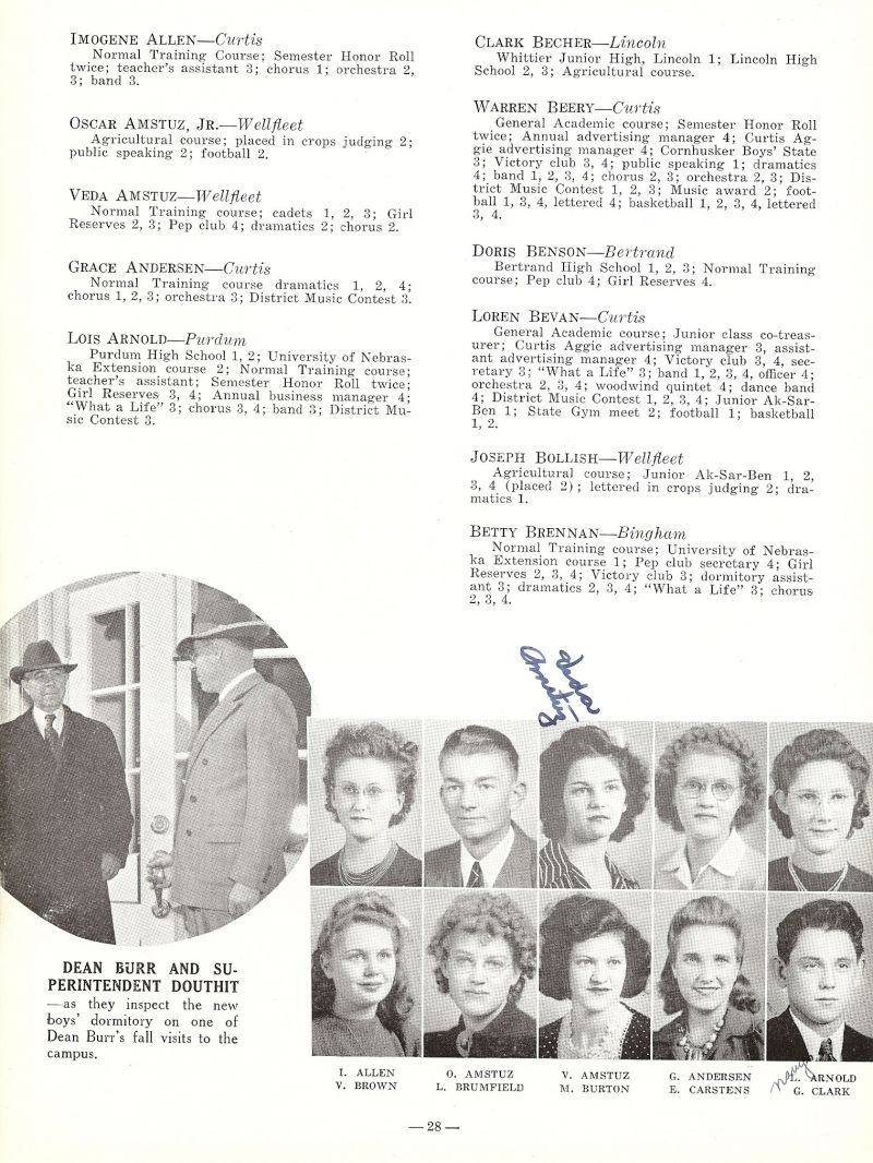 1943 Dean Barr. Superintendent Douthit. Imogene Allen, Oscar Amstuz Jr., Veda Amstuz, Grace Andersen, Lois Arnold, Vivian Brown, Leila Brumfield, Mary Burton, Elfrieda Carstens, Gerald Clark. 