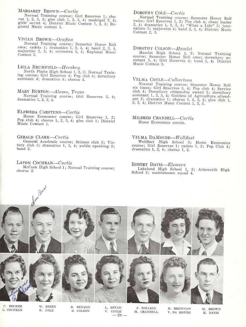 1943 Clark Becher, Warren Beery, Doris Benson, Loren Bevan, Joseph Bollish, Betty Brennan, Margaret Brown, Lavon Cochran, Dorothy Cole, Dorothy Coloson, Velma Coyle, Mildred Crandall, Velma DaMoude, Robert Davis.