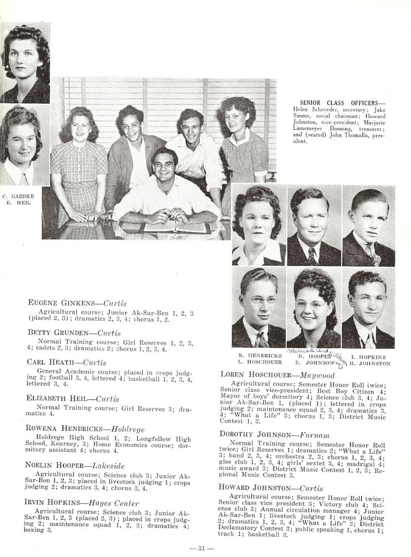 1943 Cecil Gaedke, Elizabeth Heil, Rowena Hendericks, Noelin Hooper, Irvin Hopkins, Loren Hoschouer, Dorothy Johnson, Howard Johnston, Helen Schroeder, Jake Simms, Marjorie Linnemeyer, Marjorie Dunning, John Thomalla,