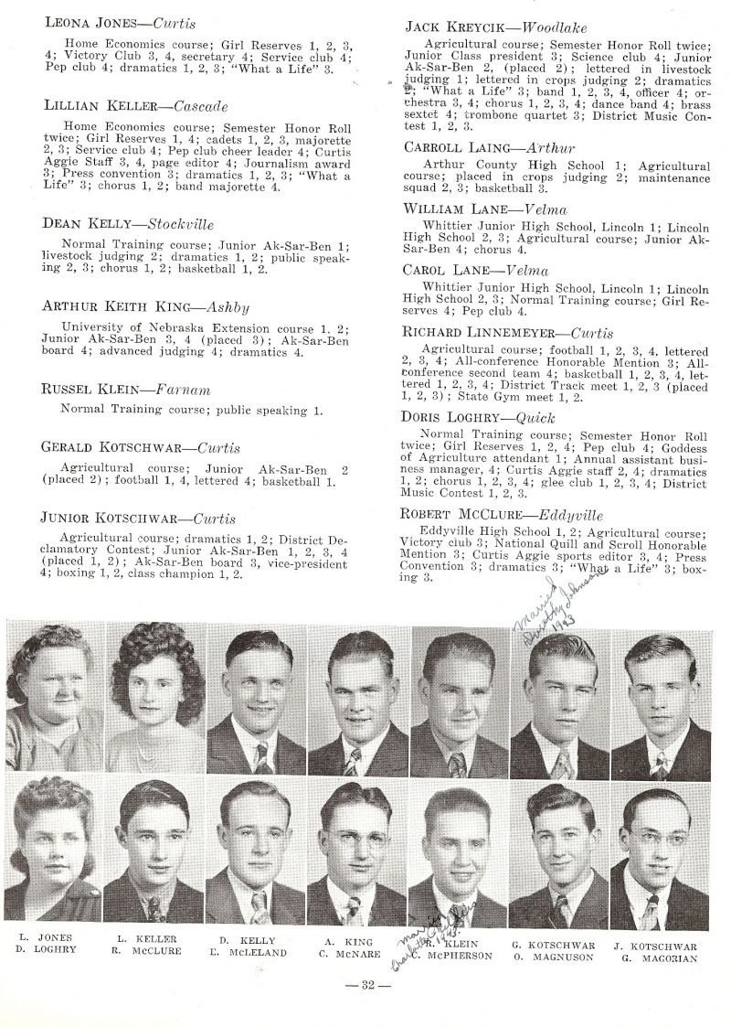 1943 Leona Jones, Lillian Keller, Dean Kelly, Arthur King, Russel Klein, Gerald Kotschwar, Junior Kotschwar, Doris Loghry, Robert McClure, Ernest McLeland Jr., Charles McNare, Clifton McPherson, Oran Magnuson, Glenn Magorian,