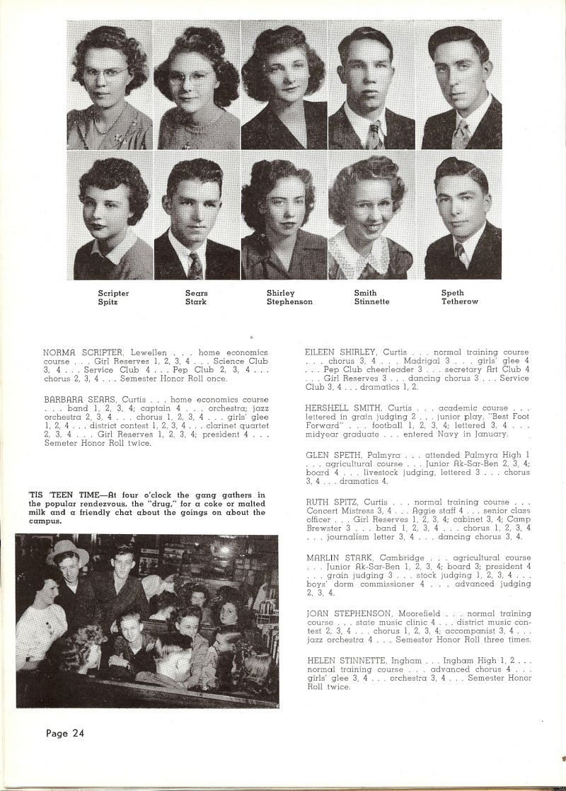 1945 Norma Scripter, Barbara Sears, Eileen Shirley, Herschell Smith, Glen Speth, Marlin Stark, Joan Stephenson, Helen Stinnette, Wayne Tetherow.