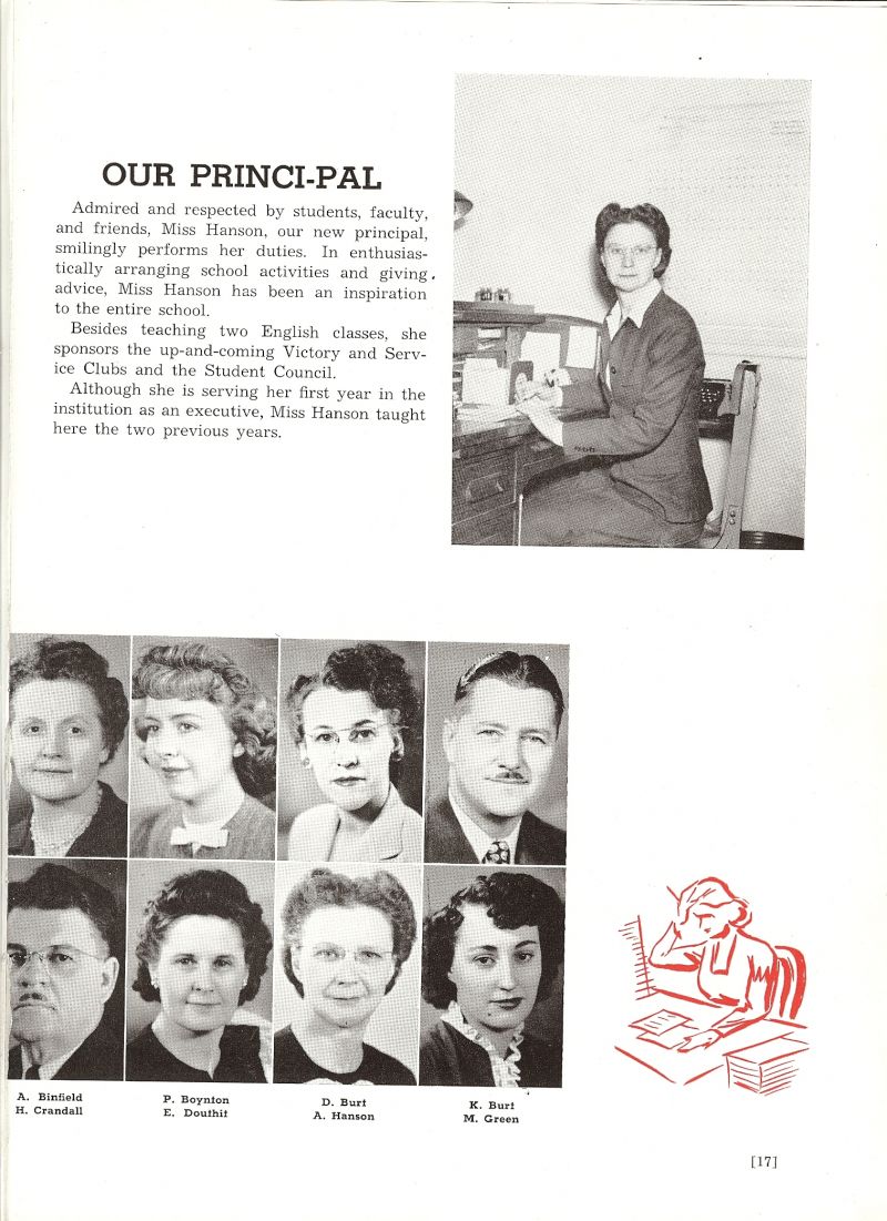 1946 Principal Arvella Hanson. Ann Binfield. Portia Boynton. Doris Burt. Mom Burt. Klyte Burt Pop Burt. Horace Crandall. Edith Douthit. Arvella Hanson. Margaret Nell Green.