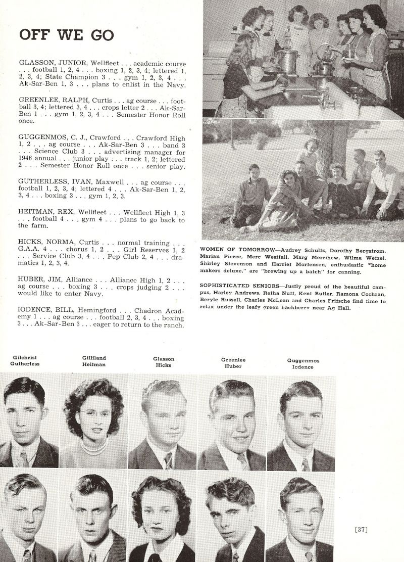 1946 Gilbert Gilchrist, Alyce Gilliland, Junior Glasson, Ralph Greenlee, C. J. Guggenmos, Ivan Gutherless, Rex Heitman, Norma Hicks, Jim Huber, Bill Iodence, Audrey Schultz, Dorothy Bergstrom, Marian Pierce, Mercedes Westfall, Margaret Merrihew, Wilma Wetzel, Shirley Stevenson, Harriet Mortensen, Harley Andrews, Retha Nutt, Kent Butler, Ramona Cochran, Berlye Russell, Charles McLean, Charles Fritsche,