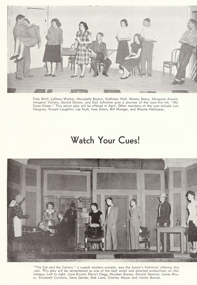 1949 Dale Wolf, LeDean Walker, Marybelle Baskin, Kathleen Nall, Wesley Beery, Margaret Arnold, Imogene Vickers, Garold Orman, Earl Johnston, Leo Heagney, Russell Laughlin, Lee Nutt, Inex Dixon, Bill Munger, Wayne Hathaway,

June Bryant, Denzil Clegg, Murleen Barnes, Donald Seaman, James Bruer, Elizabeth Carstens, Gene Gerdes, Bob Lane, Charles Mayer, Janita Barnes,