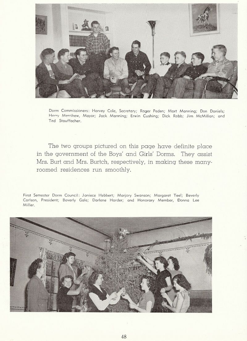 1950 Harvey Cole, Roger Peden, Mart Manning, Harry Merrihew, Jack Manning, Erwin Cushing, Dick Robb,  Ted Stauffacher, Fredric Stauffacher, Jim McMillan, Don Daniels, Janiece Hebbert, Marjory Swanson, Margaret Teel, Beverly Carlson, Beverly Gale, Darlene Harder, Donna Lee Miller,