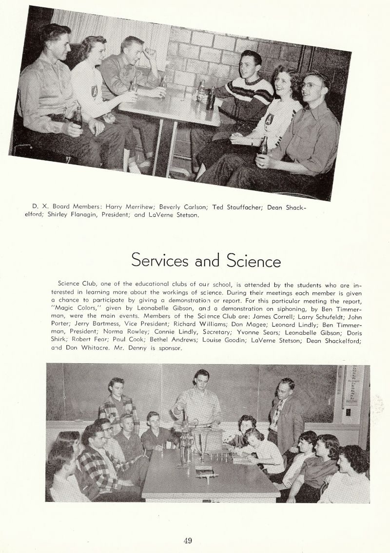 1950 Harry Merrihew, Beverly Carlson, Ted Stauffacher, Frederic Stauffacher, Dean Shackelford, Shirley Flanagin, LaVerne Stetson, Leonabelle, Gibson, Ben Timmerman, James Correll, Larry Schufeldt, John Porter, Jerry Bartmess, Richard Williams, Don Magee, Leonard Lindly, Norma Rowley, Connie Lindly, Yvonne Sears, Leonabelle Gibson, Doris Shirk, Robert Shirk, Robert Fear, Paul Cook, Tethel Andrews, Louise Goodin, Laverne Stetson, Dean Shackelfore, Don Whitacre, Loren Denny.