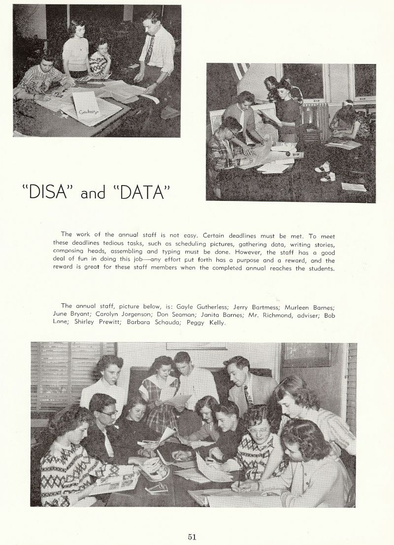 1950 Gayle Gutherless, jerry Bartmess, Murleen Barnes, June Bryant, Carolyn Jorgenson, Don Seaman, Janita Barnes, Richmond. Bob Lane, Shirley Prewitt, Barbara Schaudo, Peggy Kelly, 