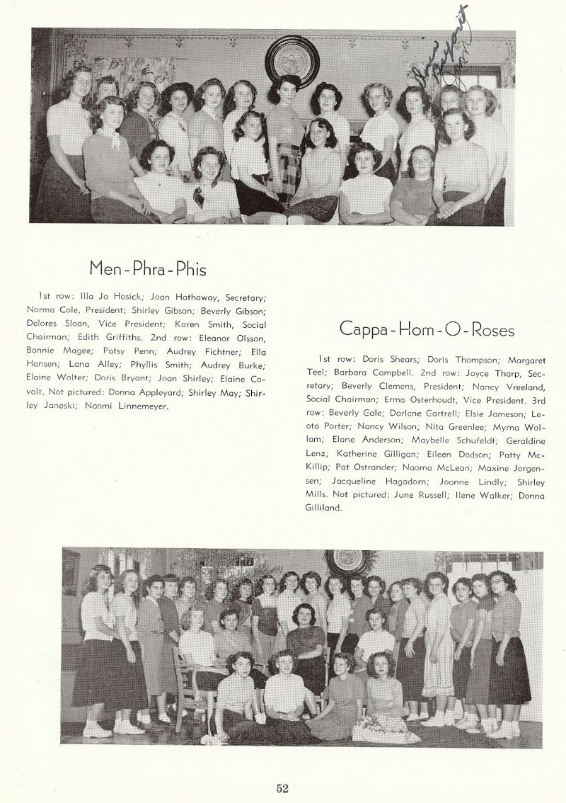 1950 Illa Jo Hosick, Joan Hathaway, Norma Cole, Shirley Gibson, Beverly Gibson, Delores Sloan, Karen Smith, Edith Griffiths, Eleanor Olsson, Bonnie Magee, Patsy Penn, Audrey Fichtner, Ella Hansen, Lana Alley, Phyllis Smith, Audrey Burke, Elaine Walter, Doris Bryant, Joan Shirley Elaine Covalt, Donna Appleyard, Shirley May, Shirley Janeski, Naomi Linnemeyer, Doris Shears, Doris Thompson, Margaret Teel, Barbara Campbell, Joyce Tharp, Berverly Gale, Darlene Gartrell, Elsie Jameson, Leota Porter, nancy Wilson, Nita Greenlee, Myrna Wollam, Elane Anderson, Maybelle Schufeldt, Geraldine Lenz, Katherine Gilligan, Eileen Dodson, Patty McKillip, Pat Ostrander, Naoma McLean, Maxine Jorgensen, Jacqueline Hagadorn, Joanne Lindly, Shirley Mills, June russell, Ilene Walker, Donna Gilliland, 