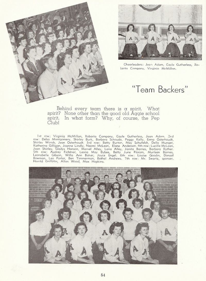 1950 Jean Adam, Gayle Gutherless, Roberta Campany, Virginia McMillan, Delsa Montgomery, Shirley Burk, Barbara Schouda, Peggy Kelly, Erma Osterhoudt, Shirley Woods, Jean Osterhoudt, Betty Burton, May Schufeldt, Della Munger, Katherine Gilligan, Joanne Lindly, Naomi McLean, Elane Anderson, Lucille McLean, Joan Shirley, Gladys Hanson, Marvel Alley, Lana Alley Janita Barnes, Barbara Ryther, Audrey Fichtner, Leona May Bybee, Joyce Engel, Louise Goodin, Donzel Bowman, Leo Porter, Ben Timmerman, Bethel Andrews, Swartz. Harold Griffiths, Allan Wood, Max Hopkins,