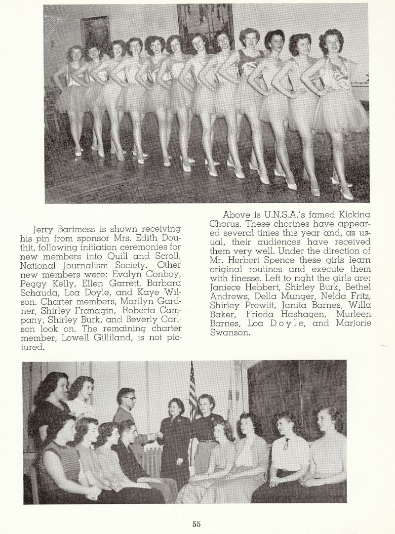 1950 Jerry Bartmess, Edith Douthit. Evalyn Conboy, Peggy Kelly, Ellen Garrett, Barbara Schauda Loa Doyle, Kaye Wilson, Marilyn Gardner, Shirley Franagin, Roberta Campany, Shirley Burk, Beverly Carlson, Lowell Gilliland, Herbert Spence. Janiece Hebbert, Shirley Burk, Bethel Andrews, Della Munger, Nelda Fritz, Shirley Prewitt, Janita Barnes, Willa Baker, Frieda Hashagen, Burleen, Barnes, Loa Doyle, Marjorie Swanson,