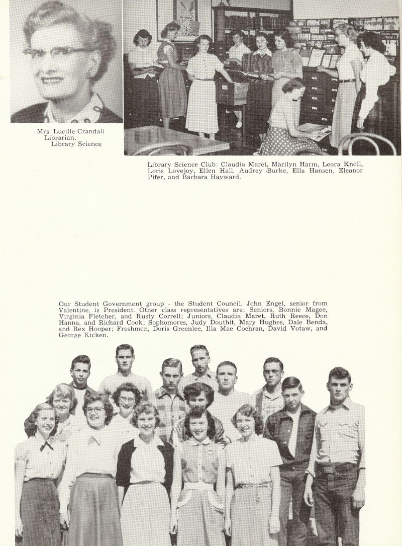 1953 Lucille Crandall. Claudia Maret, Marilyn Harms, Marilyn Harm, Leora Knoll, Loris Lovejoy, Ellen Hall, Audrey Burke, Ella Hansen, Eleanor Pifer, Rarbara Hayward, John Engel, Bonnie Magee, Virginia Fletcher, Rusty Correll, Claudia Maret, Ruth Reece, Don Hanna, Richard Cook, Judy Douthit, Mary Hughes, Dale Benda, Rex Hooper, Doris Greenlee, Illa Mae Cochran, David Votaw, George Kicken,  