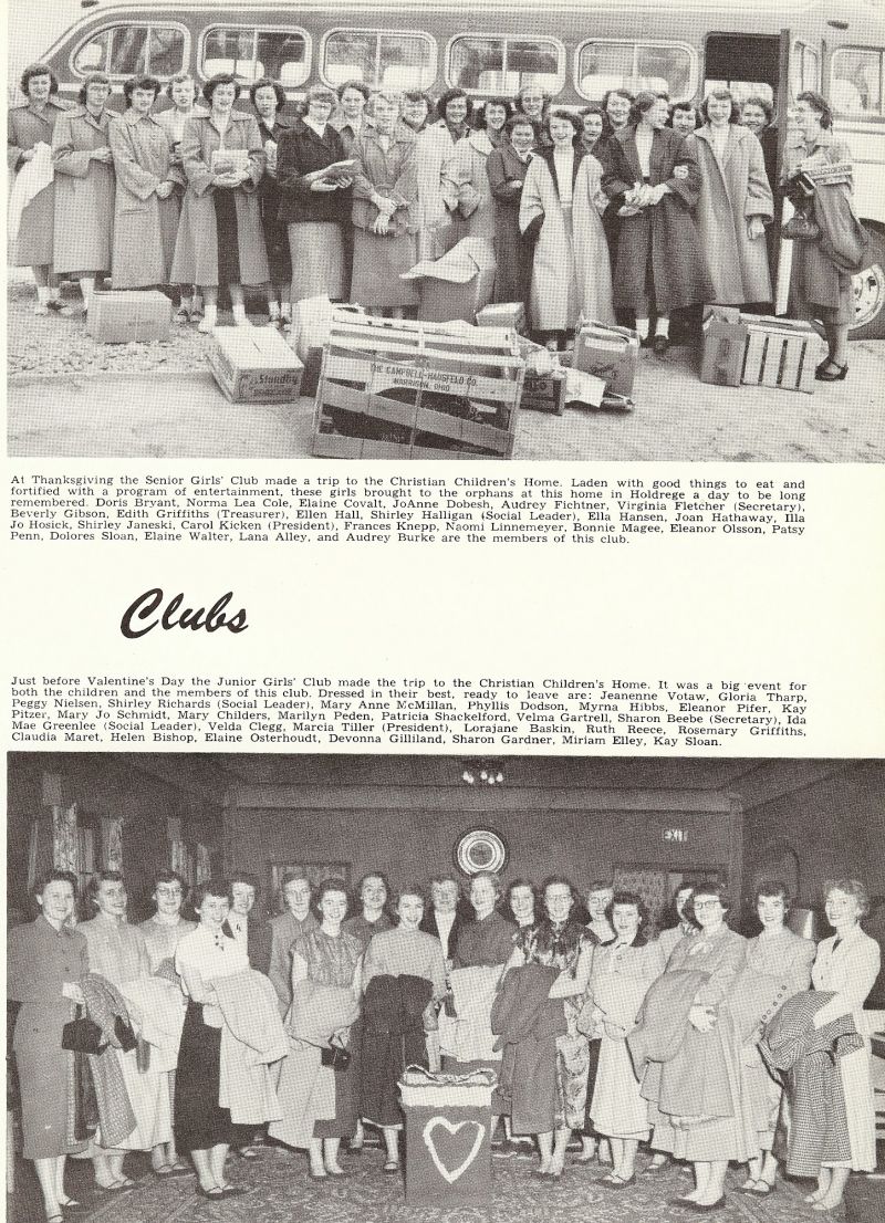 1953 Doris Bryant, Norma Lea Cole, Elaine Covalt, JoAnne Dobesh, Audrey Fichtner, Jo Hosick, Shirley Janeski, Carol Kicken, Francis Knepp, Naomi Linnemeyer, Bonnie Magee, Eleanor Olsson, Patsy Penn, Dolores Sloan, Elaine Walter, Lena Alley, Audrey Burke, Jeanenne Votaw, Gloria Tharp, Peggy Nielsen, Shirley Richards, Mary Anne McMillan, Phyllis Dodson, Myrna Hibbs, Eleanor Pifer, Kay Pitzer, Mary Jo Schmidt, Mary Childers, Marilyn Peden, Patricia Shackelford, Velma Gartrell, Sharon Beebe, Ida Mae Greenlee, Velda Clegg, Marcia Tiller, Lorajane, Baskin, Ruth Reece, Rosemary Griffiths, Kay Sloan, Miriam Elley, Sharon Gardner, Claudia Maret, Helen Bishop, Elaine Osterhoudt, Devonna Gilliland,   