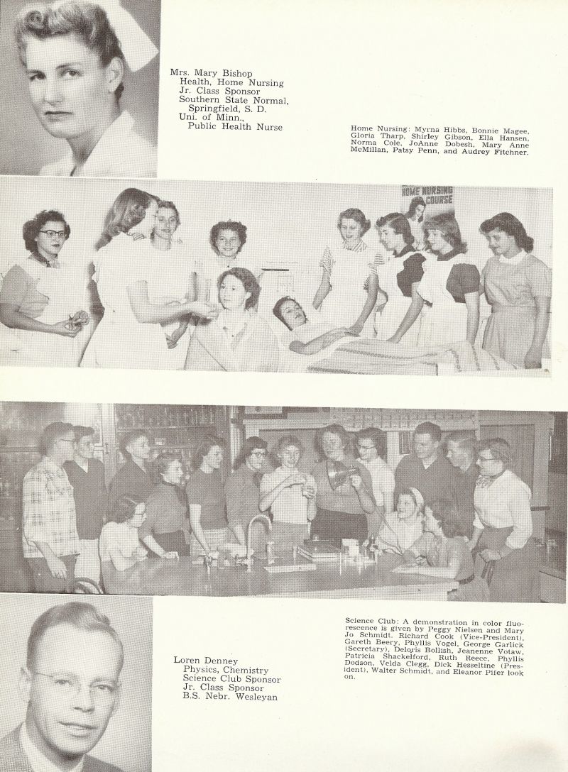 1953 Mary Bishop. Myrna Hibbs, Bonnie Magee, Gloria Tharp, Shirley Gibson, Ella Hansen, Norma Cole, JoAnne Dobesh, Mary Anne McMillan, Patsy Penn, Audrey Fitchner, Loren Denney. Peggy Nielsen, Mary Jo Schmidt, Richard Cook, Gareth Beery, Phyllis Vogel, George Garlick, Deloris Bollish, Jeanenne Votaw, Patricia Shackelford, Ruth Reece, Phyllis Dodson, Velda Clegg, Dick Hesseltine, Walter Schmidt, Eleanor Pifer,