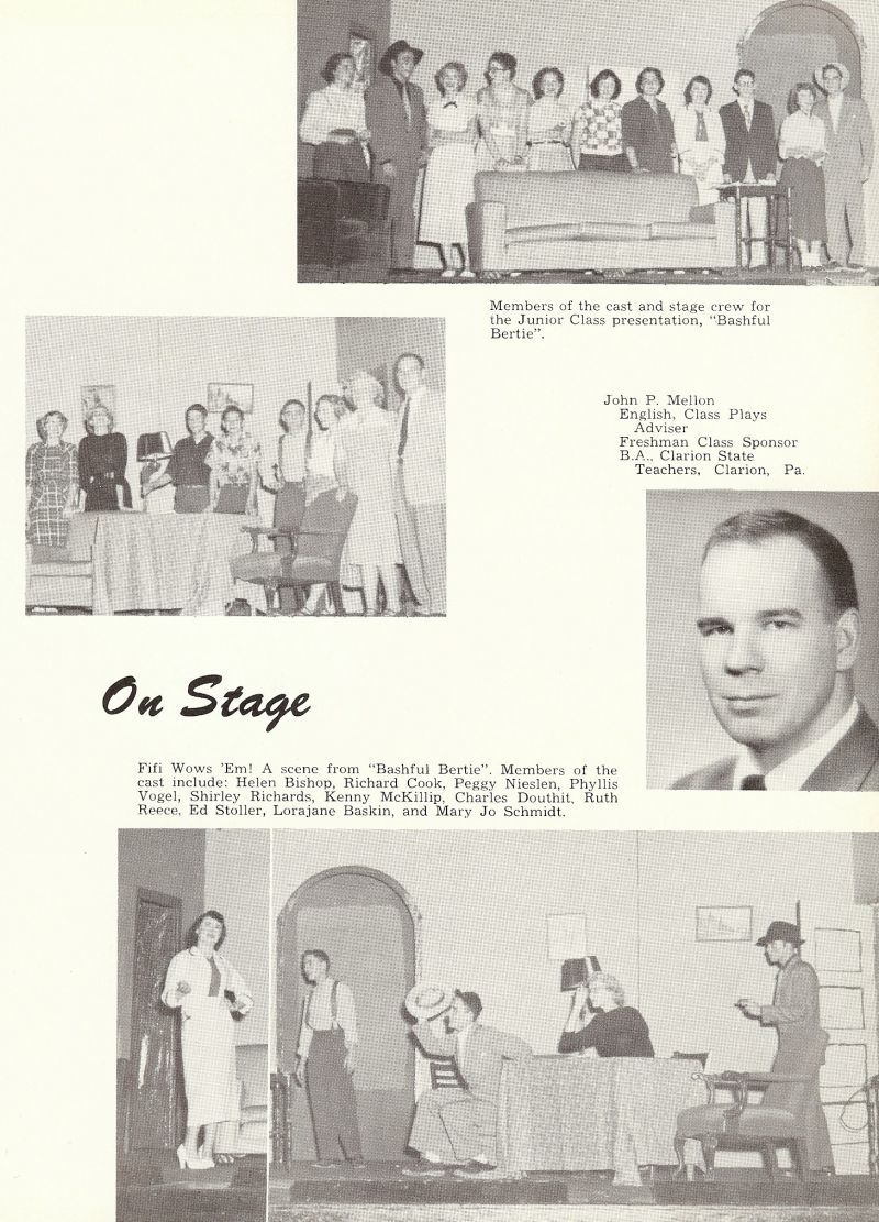 1953 John Mellon. Helen Bishop, Richard Cook, Peggy Nielsen, Phyllis Vogel, Shirley Richards, Kenny McKillip, Charles Douthit, Ruth Reece, Ed Stoller, Lorajane Baskin, Mary Jo Schmidt, 