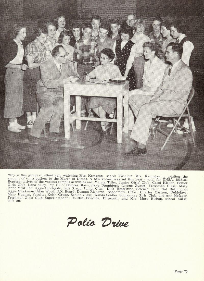 1953 Kempton. Marcia Tiller, Carol Kicken, Lana Alley, Dolores Sloan, Lorene Zysset, Mary Anne McMillan, Jack Gregg, Dick Hesseltine, Sid Bullinton, Allan Wood, Deanna Richards, Charles Carlson, Mary Hughes. Keith Gregg, Wanda Seidler, Ann Metzger, Mary Bishop. Ellsworth.