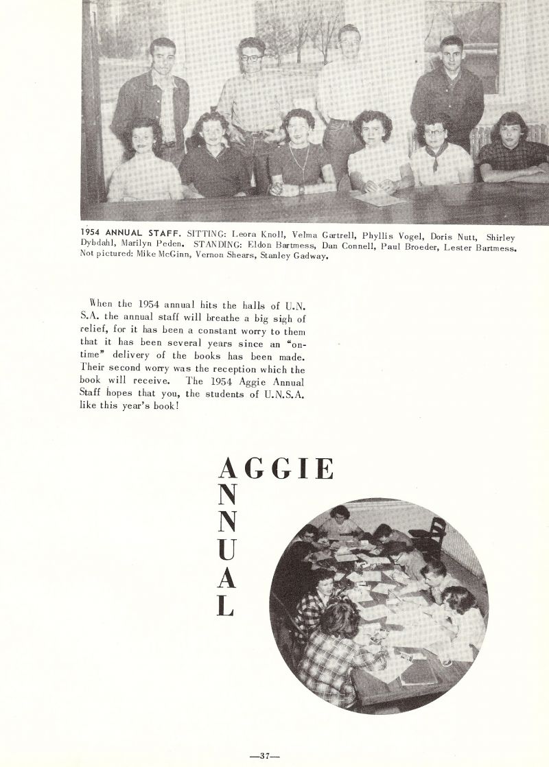 1954 Leora Knoll, Velma Gartrell, Phyllis Vogel, Doris Nutt, Shirley Dybdahl, Marilyn Peden, Eldon Bartmess, Dan Connell, Paul Broeder, Lester Bartmeess, Mike McGinn, Vernon Shears, Stanley Gadway,  