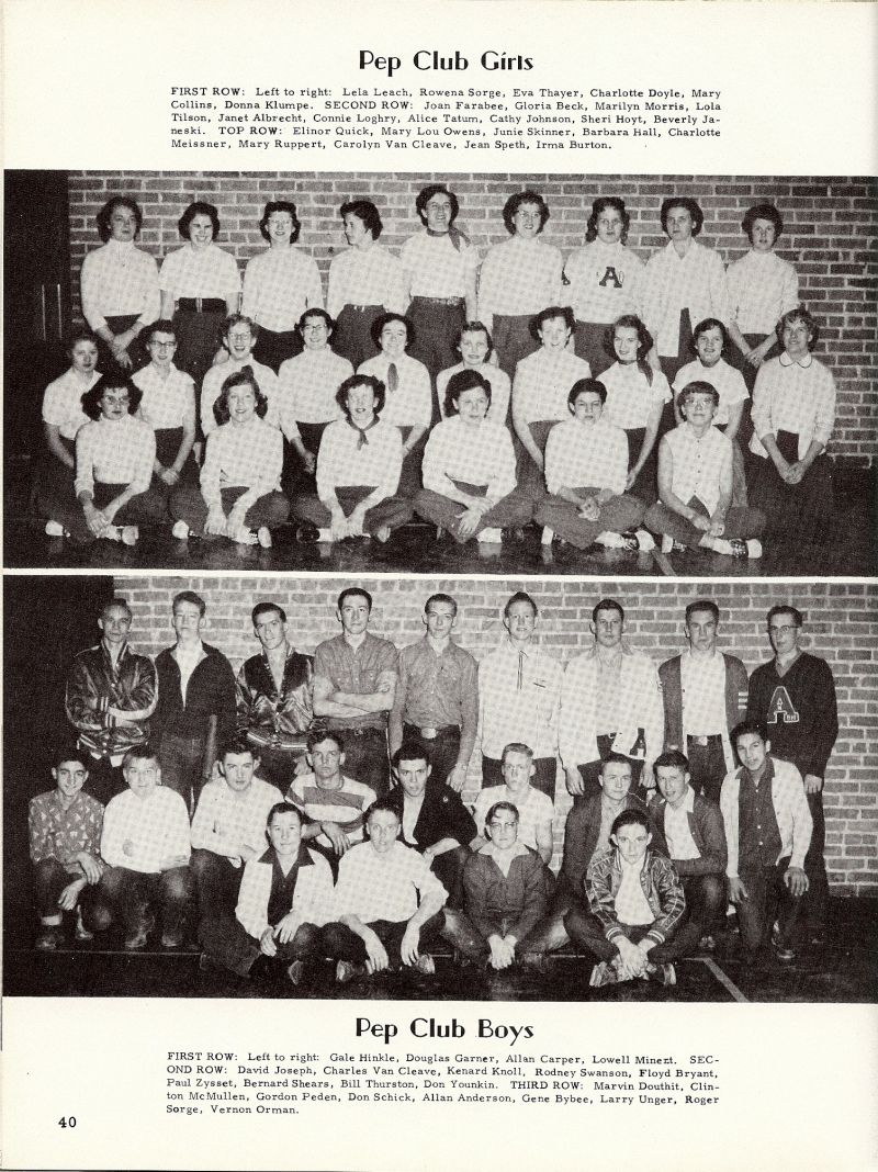 1955 Lela Leach, Rowena Sorge, Eva Thayer, Charlotte Doyle, Mary Collins, Donna Klumpe, Joan Farabee, Gloria Beck, Marilyn Morris, Lola Tilson, Janet Albrecht, Connie Loghry Alice Tatum, Kathy Johnson, Sheri Hoyt, Beverly Janeski, Elinor Quick, Mary Lou Owens, Junie Skinner, Barbara Hall, Charlotte Meissner, Mary Ruppert, Carolyn Van Cleave, Jean Speth, Irma Burton, Gale Hinkle, Douglas Garner, Doug Garner, Allan Carper, Lowell Minert, David Joseph, Charles Van Cleave, Kenard Knoll, Rodney Swanson, Floyd Bryant, Paul Zysset, Bernard Shears, Bill Thurston, Don Younkin, Marvin Douthit, Clinton McMullen, Gordon Peden, Don Schick, Allan Anderson, Gene Bybee, Larry Unger, Roger Sorge, Vernon Orman,   