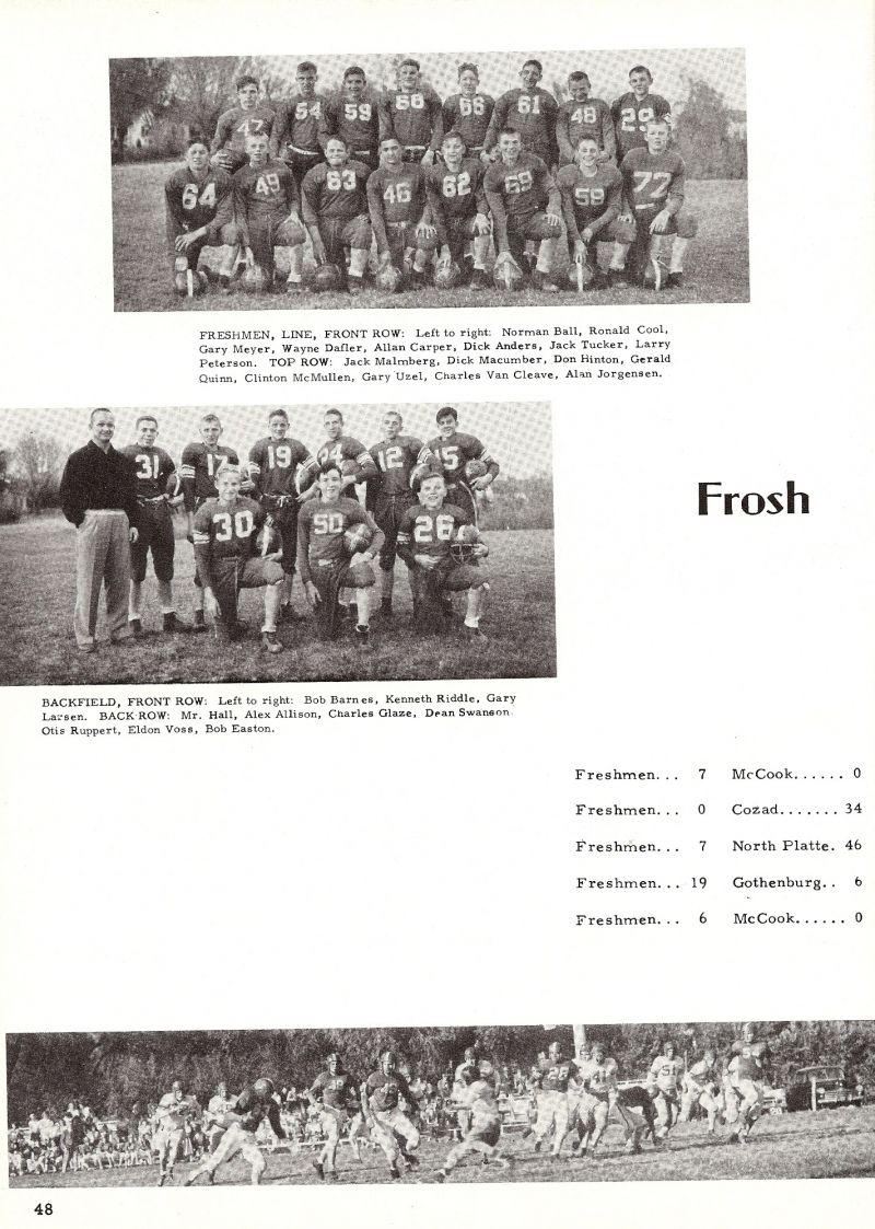 1955 Norman Ball, Ronald Cool, Gary Meyer, Wayne Dafler, Allan Carper, Deck Anders, Jack Taylor, Larry Peterson, Jack Malmberg, Dick Macumber, Don Hinton, Gerald Quinn, Clinton McMullen, Gary Uzel, Charles Van Cleave, Alan Jorgensen, Bob Barnes, Kenneth Riddle, Gary Larsen, Allex Allison, Charles Glaze, Dean Swanson, Bob Easton, Eldon Voss, Otis Ruppert, Hall.     