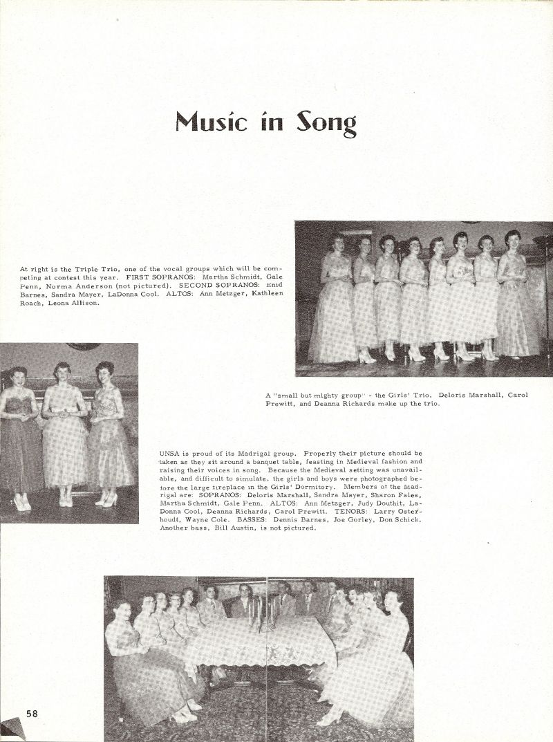 1955 Martha Schmidt, Gale Penn, Norma Anderson, Enid Barnes, Sandra Mayer, LaDonna Cool, Ann Metzger, Kathleen Roach, Leona Allison, Deloris Marshall, Carol Prewitt, Deanna Richards, Deloris Marshall, Sandra Meyer, Sharon Fales, Martha Schmidt, Gale Penn, Ann Metzger, Judy Douthit, LaDonna Cool, Deanna Richards, Carl Prewitt, Larry Osterhoudt, Wayne Cole, Dennis Barnes, Joe Gorley, Don Schick, Bill Austin, Deloris Marshall, Carol Prewitt, Deanna Richards,