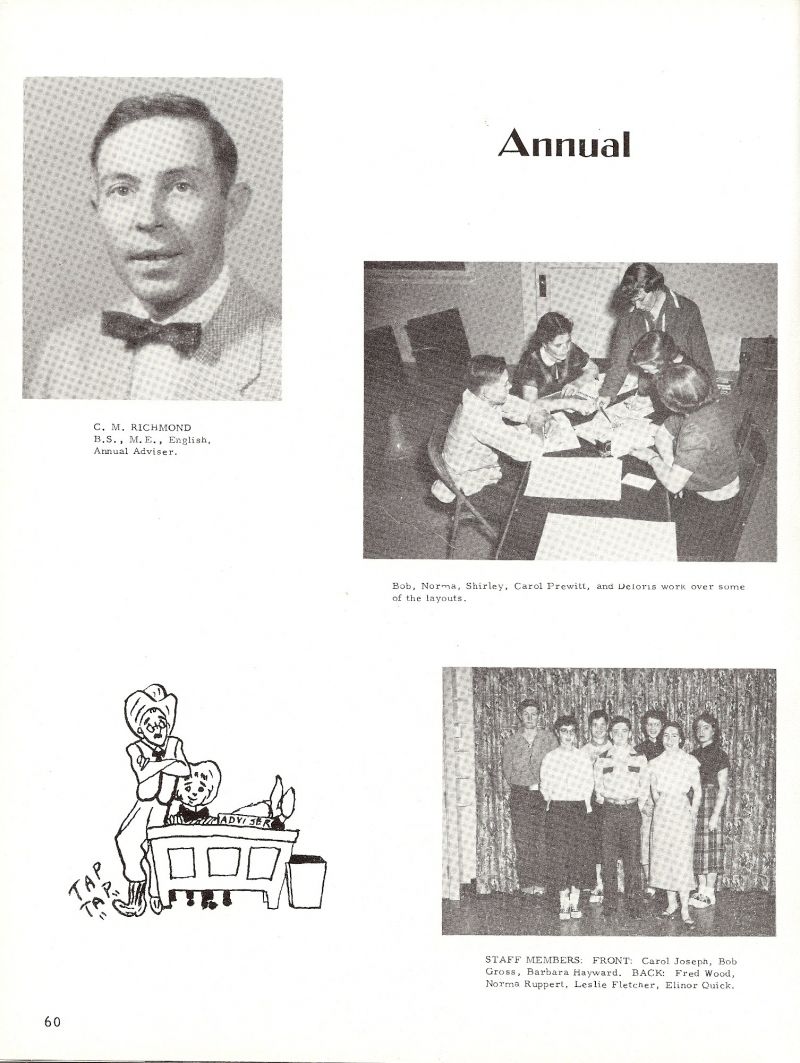 1955 C. M. Richmond. Norma Shirley, Carol Prewitt, Carol Joseph, Bob Gross, Barbara Hayward, Fred Wood, Norma Ruppert, Leslie Fletcher, Elinor Quick, 