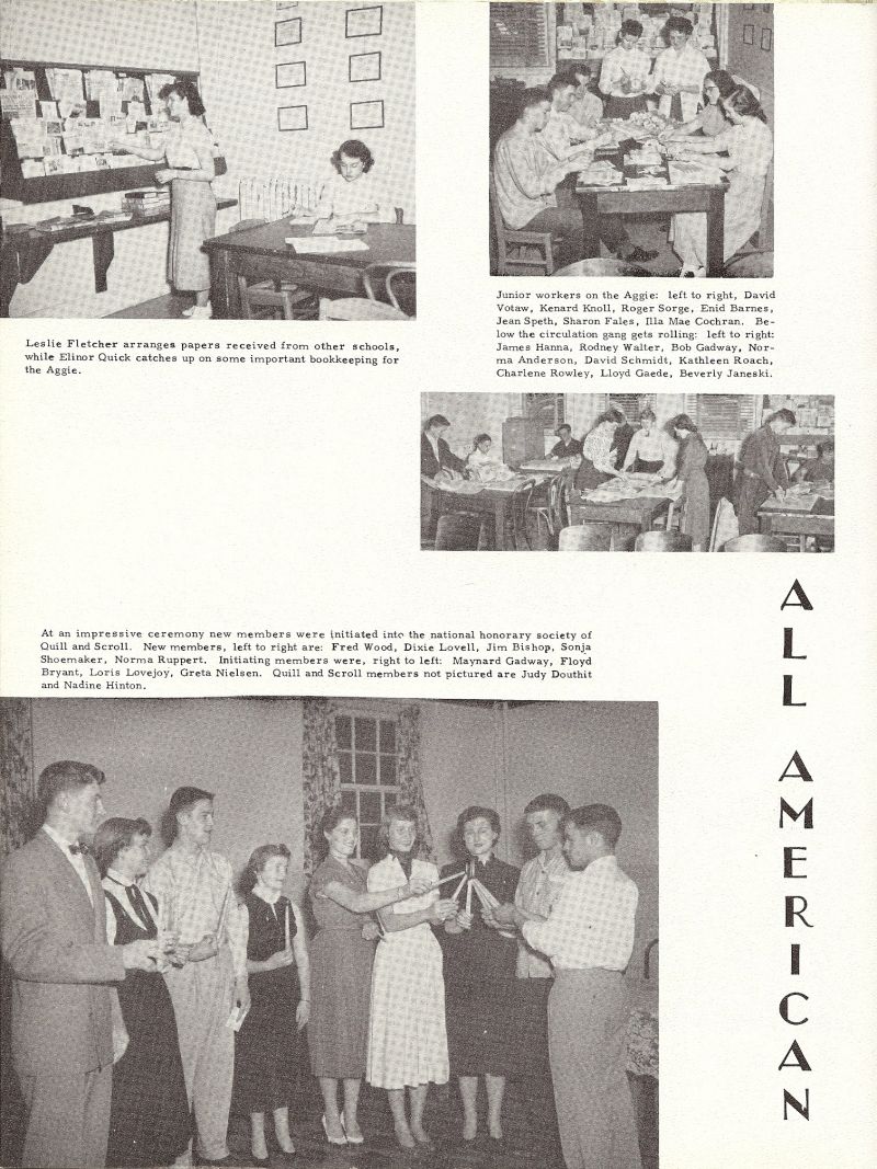 1955 Leslie Fletcher, Elinor Quick, David Votaw, Kenard Knoll, Roger Sorge, Enid Barnes, Jean Speth, Sharon Fales, Illa Mae Cochran, James Hanna, Rodney Walter, Bob Gadway, Norma Anderson, David Schmidt, Kathleen Roach, Carlene Rowley, Lloyd Gaede, Beverly Janeski, Fred Wood, Dixie Lovell, Jim Bishop, Sonja Shoemaker, Morma Ruppert, Maynard Gadway, Floyd Bryant, Loris Lovejoy, Greta Nielsen, Judy Douthit, Nadine Hinton, 