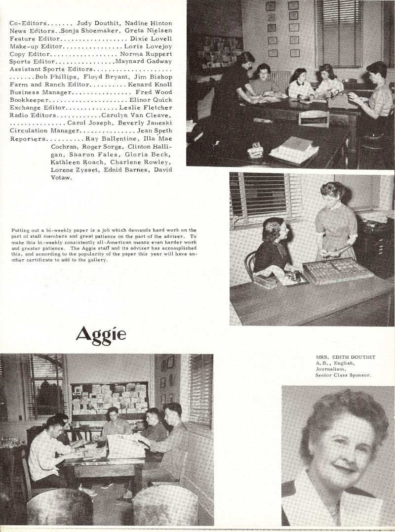 1955 Judy Douthit, Nadine Hinton, Sonja Shoemaker, Greta Nielsen, Dixie Lovell, Loris Lovejoy, Norma Ruppert, Maynard Gadway, Bob Phillips, Flyd Bryant, Jim Bishop, Kenard Knoll, Fred Wood, Elinor Quick, Leslie Fletcher, Carolyn Van Cleave, Carol Joseph, Beverly Janeski, Jean Speth, Ray Ballentine, Illa Mae Cochran, Roger Sorge, Clinton Halligan, Sharon Fales, Gloria Beck, Kathleen Roach, Charlene Rowley, Lorene Zysset, Enid Barnes, David Votaw, Edith Douthit.