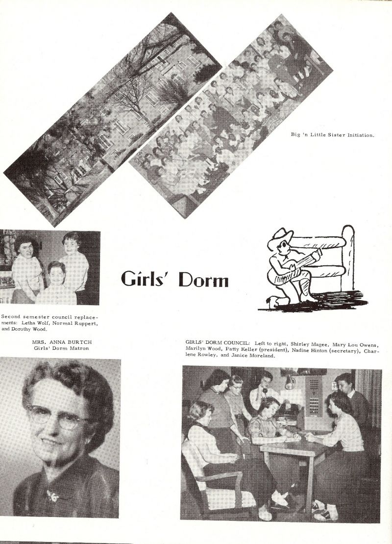 1955 Shirley Magee, Mary Lou Owens, Marilyn Wood, Patty Keller, Nadine Hinton, Charlene Rowley, Janice Moreland, Letha Wolf, Norma Ruppert, Dorothy Wood, Anna Burtch. Mom Burtch.