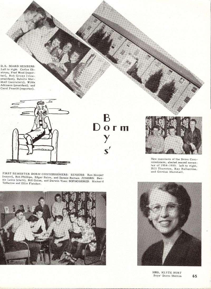 1955 Carlos Ekstrum, Fred Wood, Bob Gross, Deloris Marshall, Wilda Adkinson, Carol Prewitt, Bill Thurston, Ray Ballentine, Gordon Marshall, Rex Hooper, Bob Phillips, Edgar Bairn, Dennis Barnes, Dennis Lewis, Bill Quinn, Darwin Voss, Richard Tetherow, Ellis Fletcher, Mom Burt.