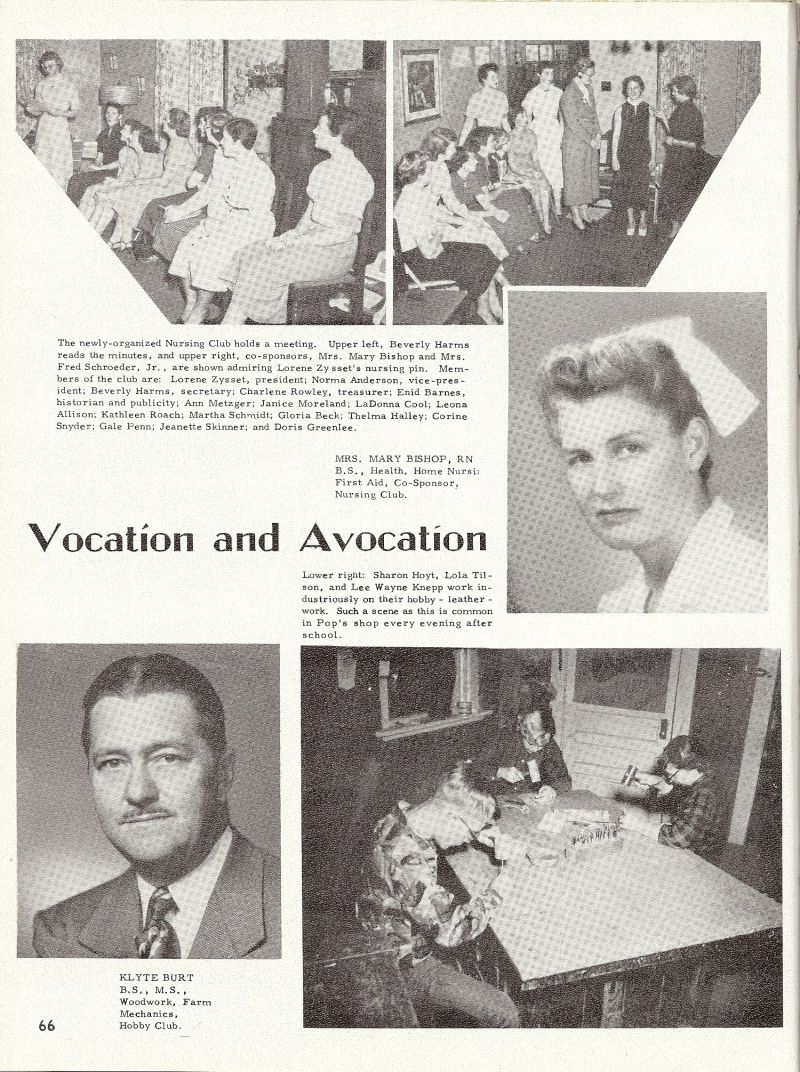 1955 Beverly Harms, Mary Bishop. Schroeder. Larene Zysset, Norma Anderson, Beverly Harms, Charlene Rowley, Enid Barnes, Ann Metzger, Janice Moreland, LaDonna Cool, Leona Allison, Kathleen Roach, Martha Schmidt, Gloria Beck, Thelma Halley, Corine Snyder, Gale Penn, Jeanette Skinner, Doris Greenlee, Sharon Hoyt, Lola Tilson, Lee Wayne Knepp, Klyte Burt. Pop Burt.