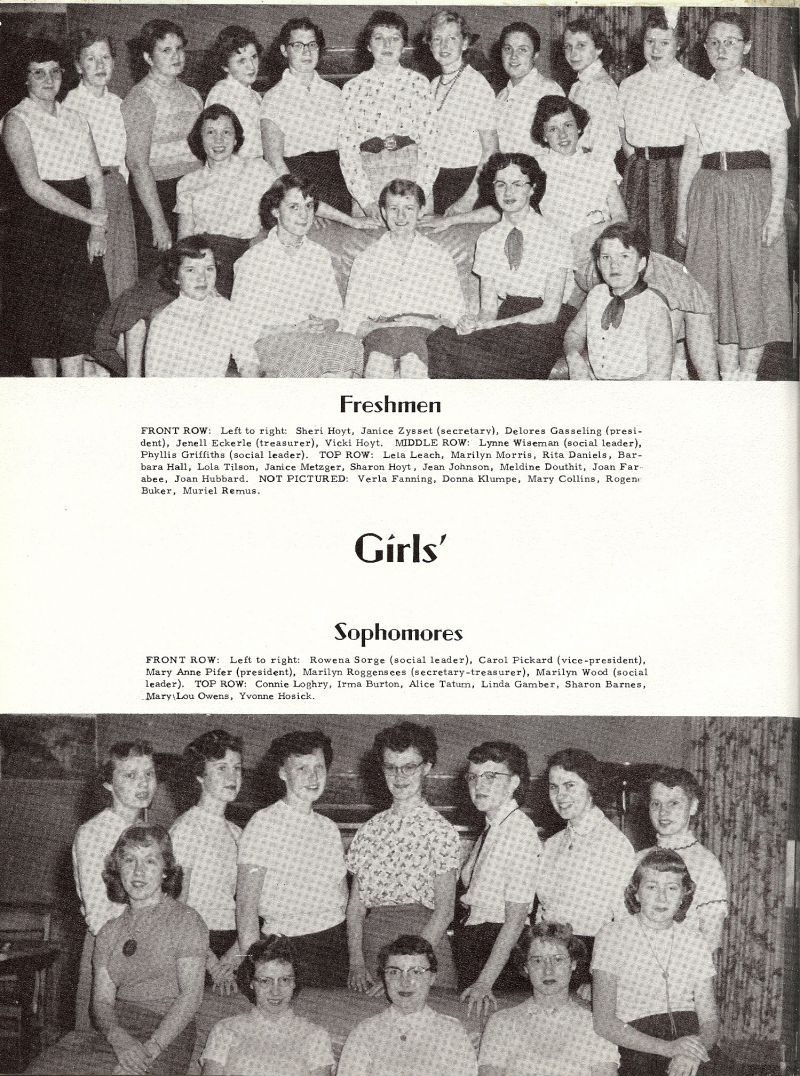 1955 Sheri Hoyt, Janice Zysset, Delores Gasseling, Jenell Eckerle, Vicki Hoyt, Lynne Wiseman, Phyllis Griffiths, Lela leach, Marilyn Morris, Rita Daniels, Barbara Hall, Lola Tilson, Janice Metzger, Sharon Hoyt, Jean Johnson, Meldine Douthit, Joan Farabee, Joan Hubbard, Verla Fanning, Donna Klumpe, Mary Collins, Rogene Buker, Muriel Remus, Rowena Sorge, Carol Pickard, Mary Anne Pifer, marilyn Roggensees, Marilyn Wood, Connie Loghry, Irma Burton, Alice Tatum, Linda Gamber, Sharon Barnes, Mary Lou Owens, Yvonne Hosick, 