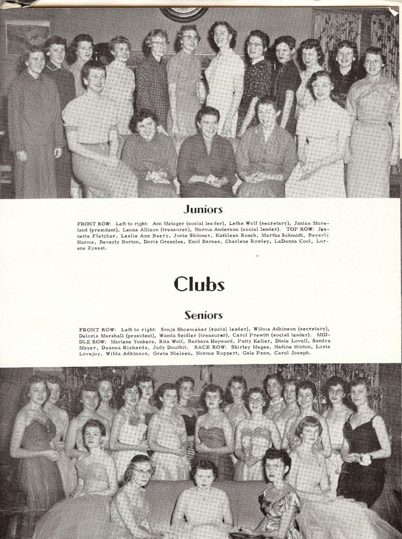 1955 Ann Metzger, Letha Wolf, Janice Moreland, Leona Allison, Norma Anderson, Jeanette Fletcher, Leslie Ann Beery, Junie Skinner, Kathleen Roach, Martha Schmidt, Beverly Harms, Beverly Burton, Doris Greenlee, Enid Barnes, Charlene Rowley, LaDonna Cool, Lorene Zysset, Sonja Shoemaker, Wilma Adkinson, Deloris Marshall, Wanda Seidler, Carol Prewitt, Marlene Yonkers, Rita Wolf, Barbara Hayward, Patty Keller, Dixie Lovell, Sandra Mayer, Deanna Richards, Judy Douthit, Shirley Magee, Nadine Hinton, Loris Lovejoy, Wilda Adkinson, Greta Nielsen, Morma Ruppert, Gale Penn, Carol Joseph,
