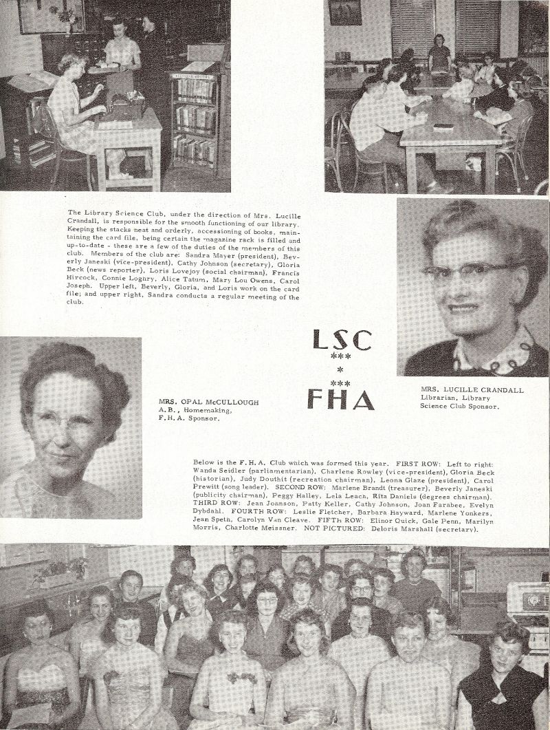 1955 Lucille Crandall. Sandra Mayer, Beverly Janeski, Cathy Johnson, Gloria Beck, Loris Lovejoy, Frincis Hircock, Connie Loghry, Alice Tatum, Mary Lou Owens, Carol Joseph, Opal McCullough. Wanda Seidler, Charlene Rowley, Gloria Beck, Judy Douthit, Leona Glaze, Carol Prewitt, Marlene Brandt, Beverly Janeski, Peggy Halley, Lela Leach, Rita Daniels, Jean Johnson, Patty Keller, Cathy Johnson, Joan Farabee, Evelyn Dybdahl, Leslie Fletcher, Barbara Hayward, Marlene Yonkers, Jean Speth, Carolyn Van Cleave, Elinor Quick, Gale Penn, Marilyn Morris, Charlotte Meissner, Deloris Marshall, 