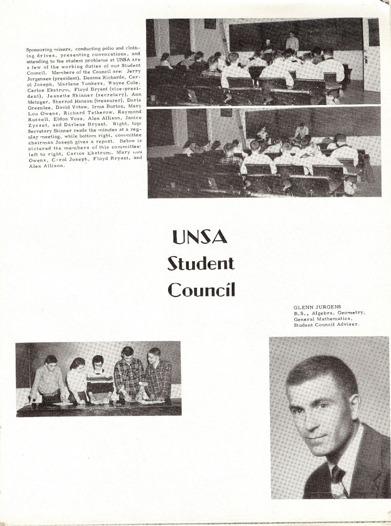 1955 Jerry Jorgensen, Deanna Richards, Carol Ekstrum, Floyd Bryant, Jeanette Skinner, Ann Metzger, Sherrod Hanson, Doris Greenlee, David Votaw, Irma Burton, Mary Lou Owens, Richard Tetherow, Raymond Russell, Eldon Voss, Alex Allison, Janice Zysset, Darlene Bryant, Glenn Jurgens.
