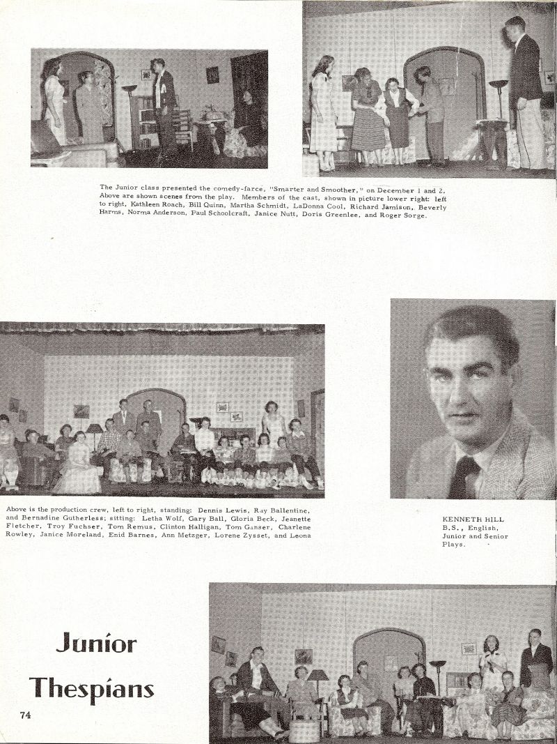 1955 Kathleen Roach, Bill Quinn, Martha Schmidt, LaDonna Cool, Richard Jamison, Beverly Harms, Norma Anderson, Paul Schoolcraft, Janice Nutt, Doris Greenlee, Roger Sorge, Dennis Lewis, Ray Ballentine, Bernadine Gutherless, Letha Wolf, Gary Ball, Gloria Beck, Jeanette Fletcher, Troy Fuchser, Tom Remus, Clinton Halligan, Tom Ganser, Charlene Rowley, Janice Moreland, Enid Barnes, Ann Metzger, Lorene Zysset, Kenneth Hill. 