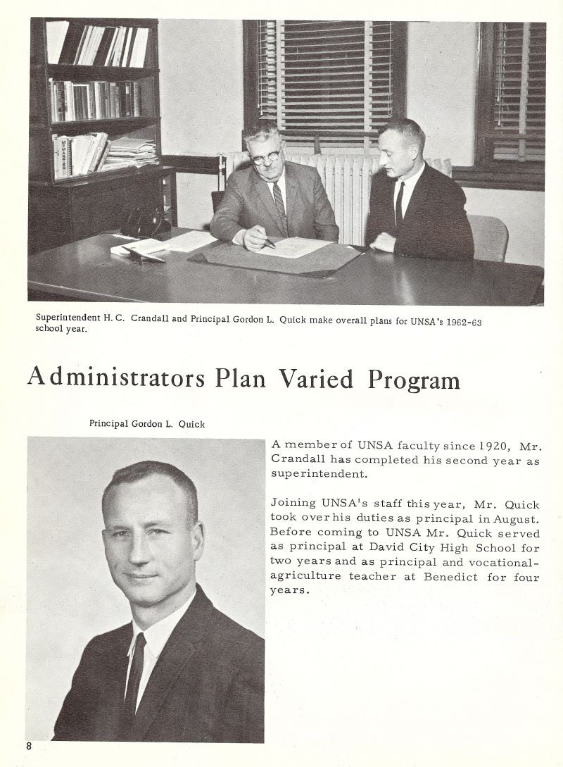 1963 Superintendent H. C. Crandall. Horace Crandall. Principal Gordon L Quick. Gordon Quick.