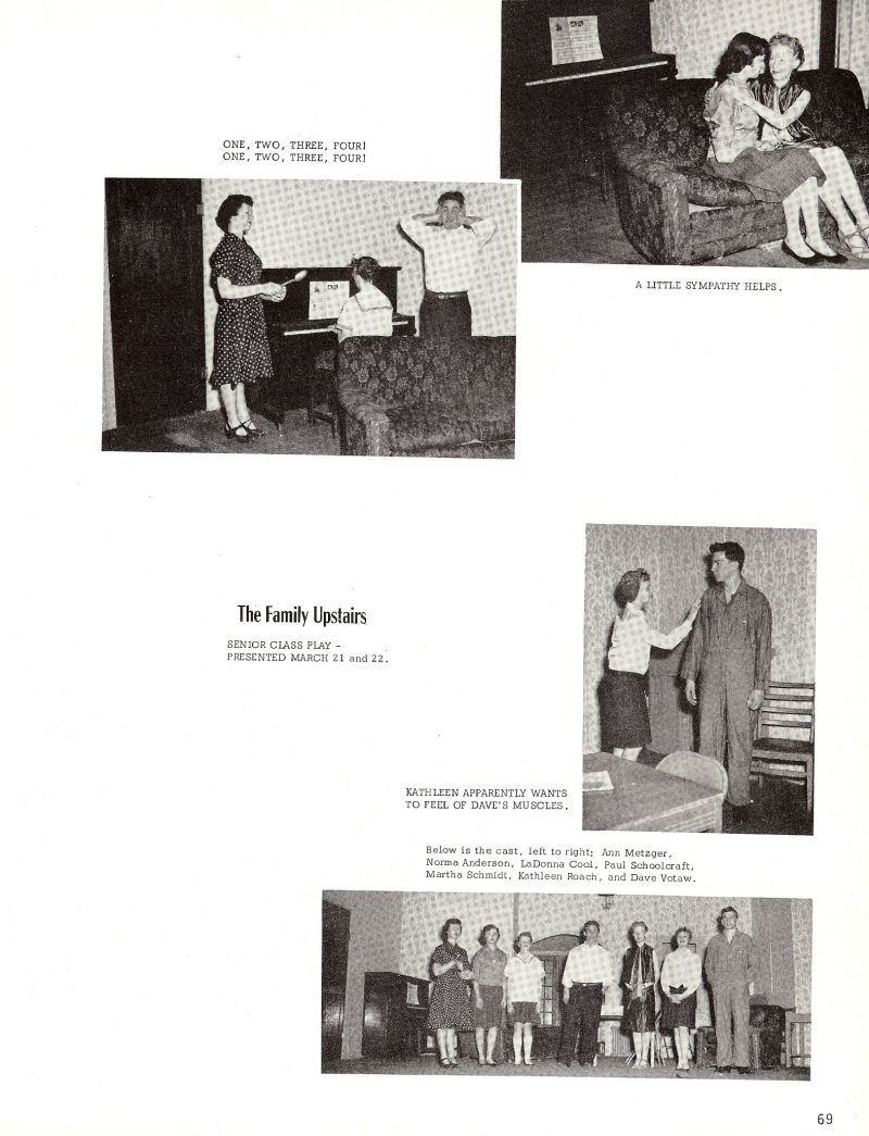 1956 Ann Metzger, Norma Anderson, LaDonna Cool, Paul Schoolcraft, Marthat Schmidt, Kathleen Roach, Dave Votaw,