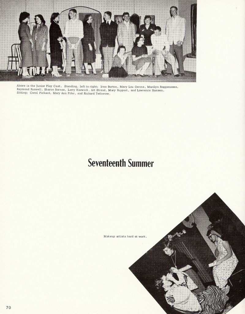 1956 Irma Burton, Mary Lou Owens, Marilyn Roggensees, Raymond Russell, Sharon Barnes, Larry Herwick, Art Strand, Mary Ruppert, Lawrence Hansen, Richard Tetherow, Mary Ann Pifer, Carol Pickard,  